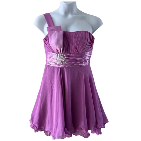 Magn Trend Dresses & Skirts - One Shoulder Pink Cocktail Dress With Pleated Bodice & Embellished Waist